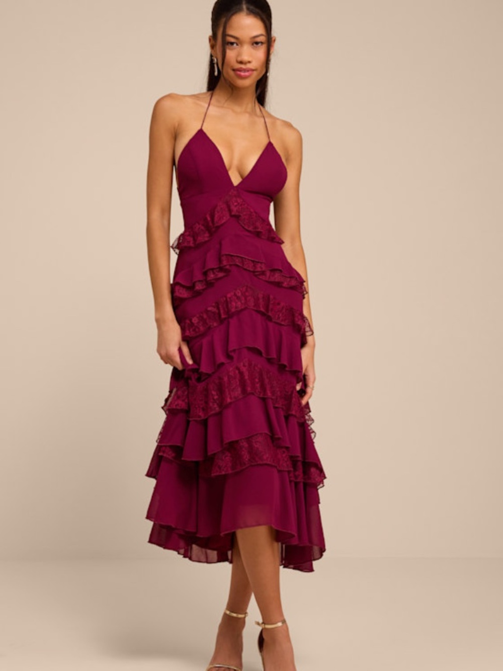 Lulus Melena Burgundy Ruffled Lace Midi Dress Red - Size M